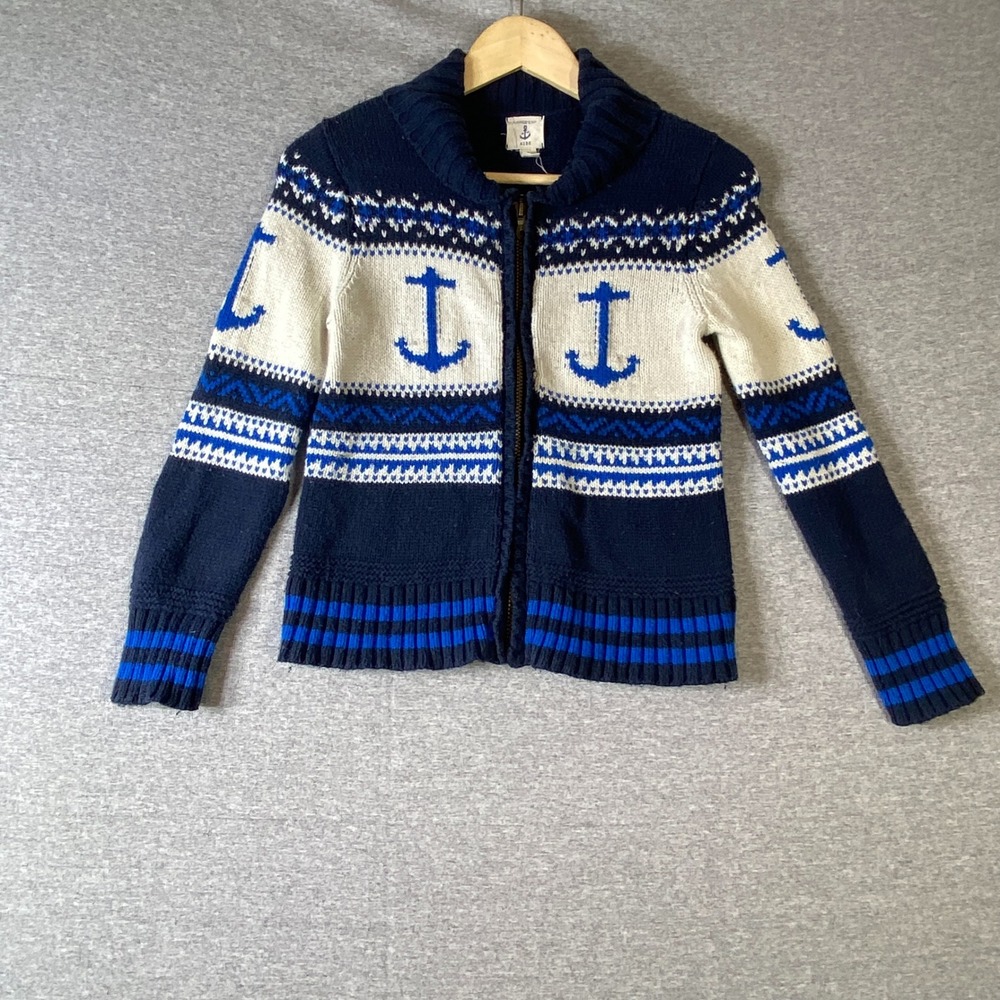 Vintage Lands End Kids Navy Blue Anchor Shawl Collar Cardigan Sweater Small 8